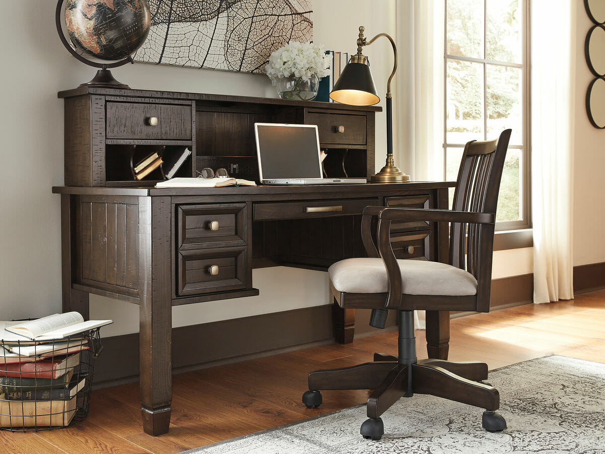 Townser Grayish Brown Home Office Desk With Hutch Swivel